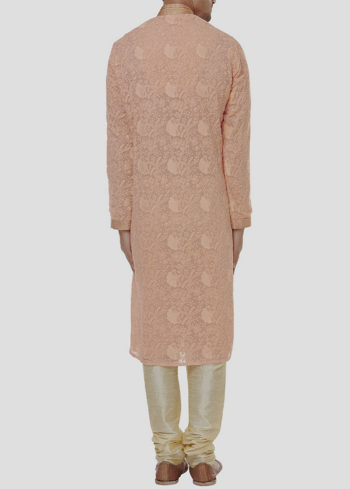 2 Pc Peach Dupion Silk Kurta And Pajama Set VDIP280302 - Indian Silk House Agencies