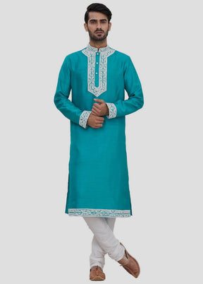 2 Pc Firozi Dupion Silk Kurta And Pajama Set VDIP280265 - Indian Silk House Agencies