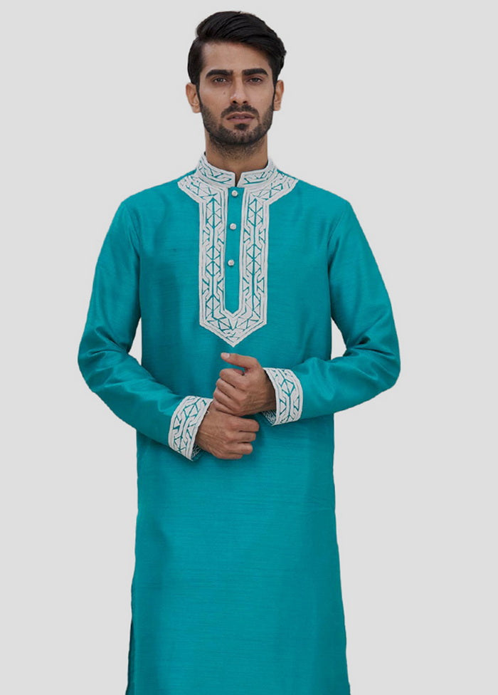 2 Pc Firozi Dupion Silk Kurta And Pajama Set VDIP280265 - Indian Silk House Agencies
