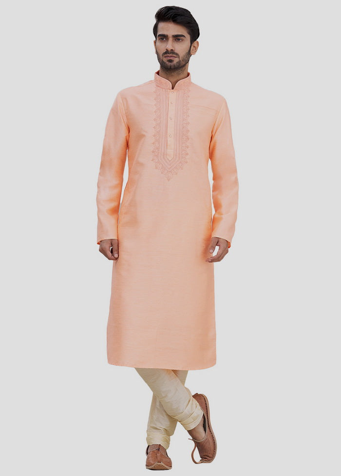 2 Pc Peach Dupion Silk Kurta And Pajama Set VDIP280226 - Indian Silk House Agencies