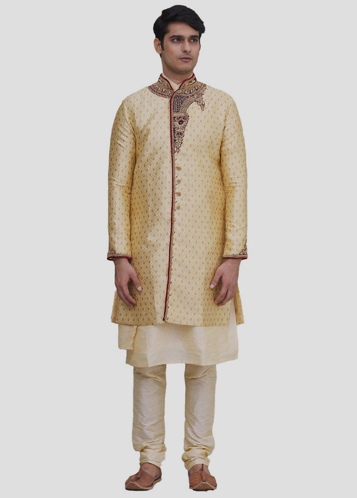 3 Pc Golden Dupion Silk Kurta And Pajama Set VDIP280390 - Indian Silk House Agencies