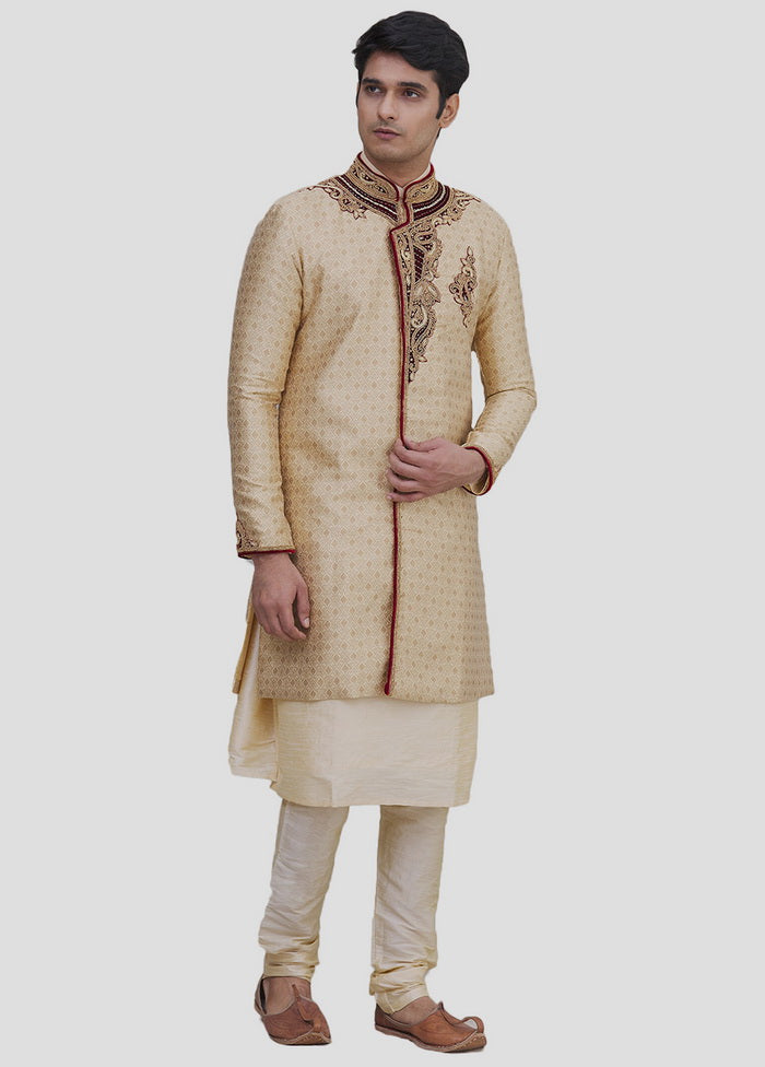 3 Pc Golden Dupion Silk Kurta And Pajama Set VDIP280391 - Indian Silk House Agencies