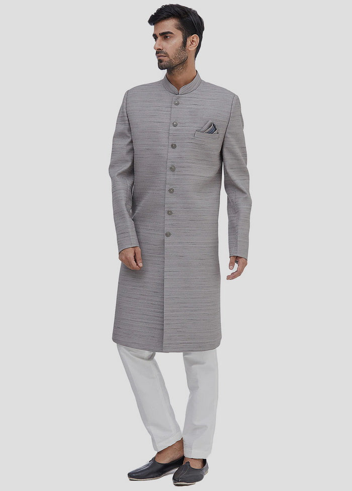 2 Pc Grey Dupion Silk Sherwani And Pant Set VDIP280348 - Indian Silk House Agencies