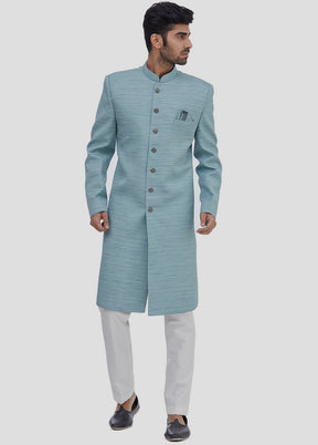 2 Pc Light Blue Dupion Silk Sherwani And Pant Set VDIP280349 - Indian Silk House Agencies