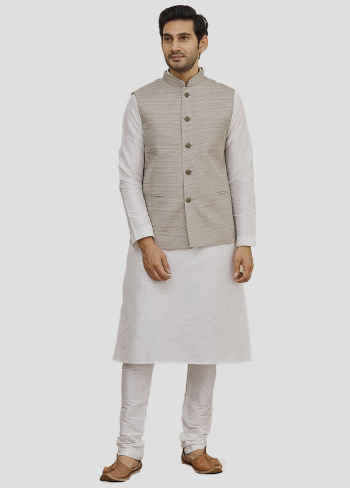 3 Pc White Dupion Silk Kurta And Pajama Set VDIP280364 - Indian Silk House Agencies