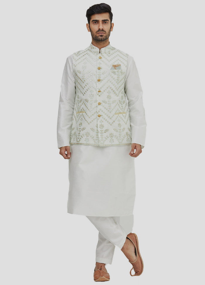 3 Pc Cream Dupion Silk Kurta And Pajama Set VDIP280377 - Indian Silk House Agencies