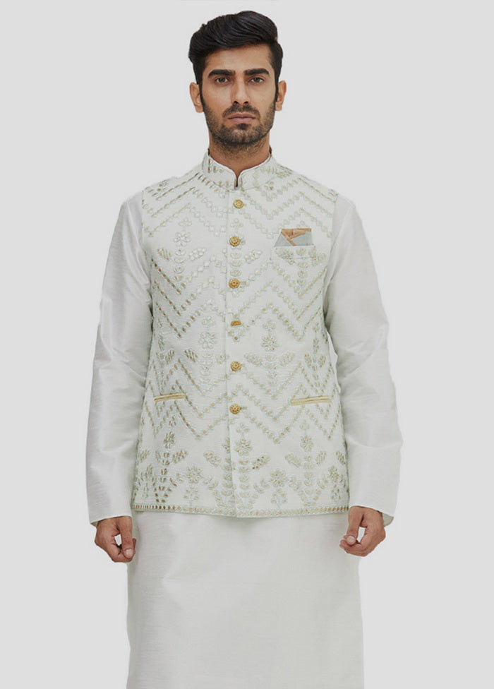 3 Pc Cream Dupion Silk Kurta And Pajama Set VDIP280377 - Indian Silk House Agencies