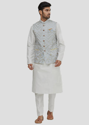 3 Pc Off White Dupion Silk Kurta And Pajama Set VDIP280379 - Indian Silk House Agencies
