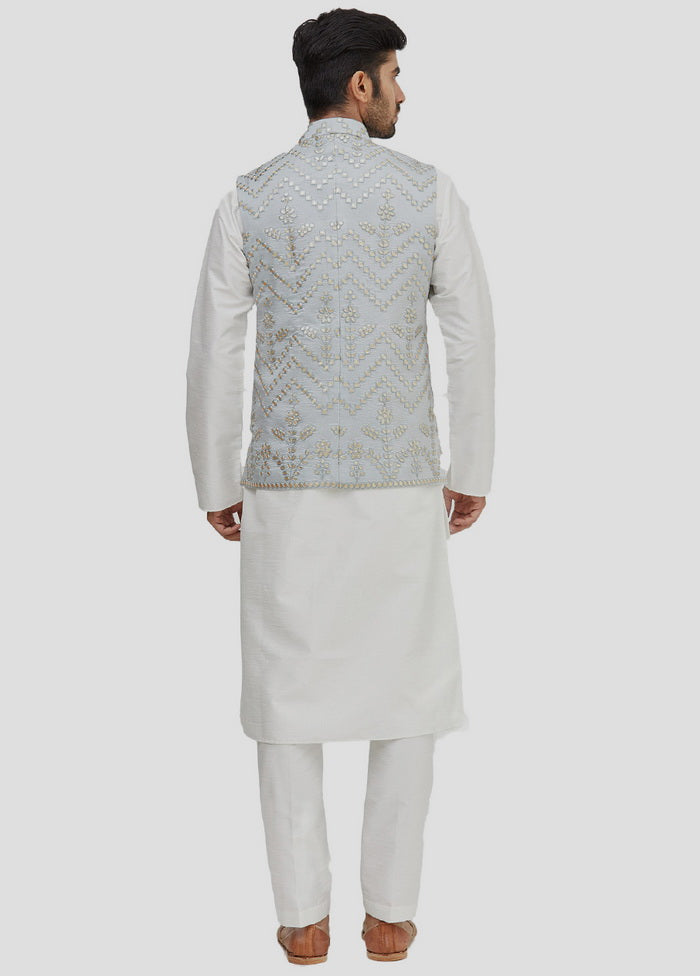 3 Pc Off White Dupion Silk Kurta And Pajama Set VDIP280379 - Indian Silk House Agencies