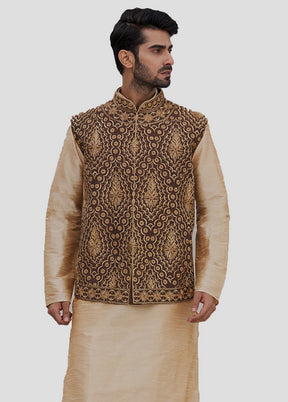 3 Pc Golden Dupion Silk Kurta And Pajama Set VDIP280380 - Indian Silk House Agencies
