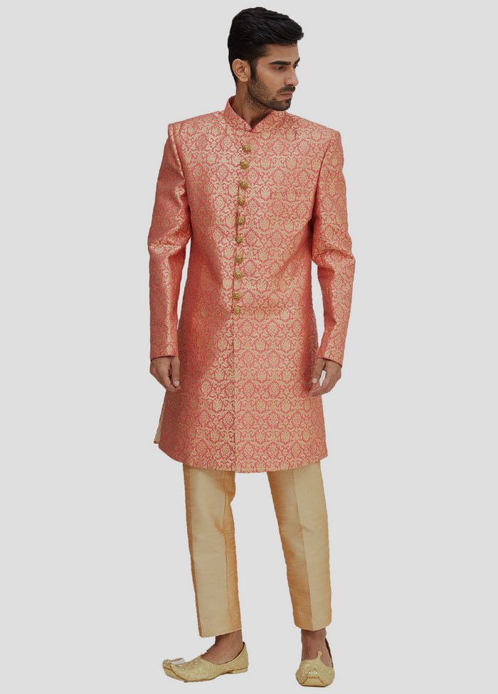 2 Pc Peach Dupion Silk Sherwani And Pant Set VDIP280351 - Indian Silk House Agencies