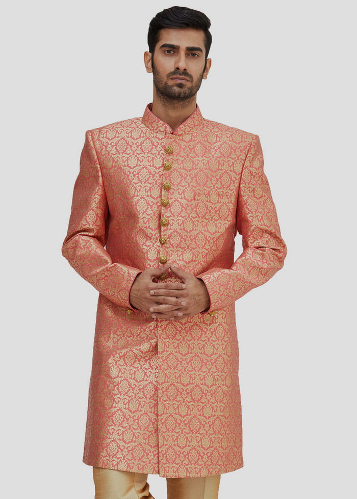 2 Pc Peach Dupion Silk Sherwani And Pant Set VDIP280351 - Indian Silk House Agencies