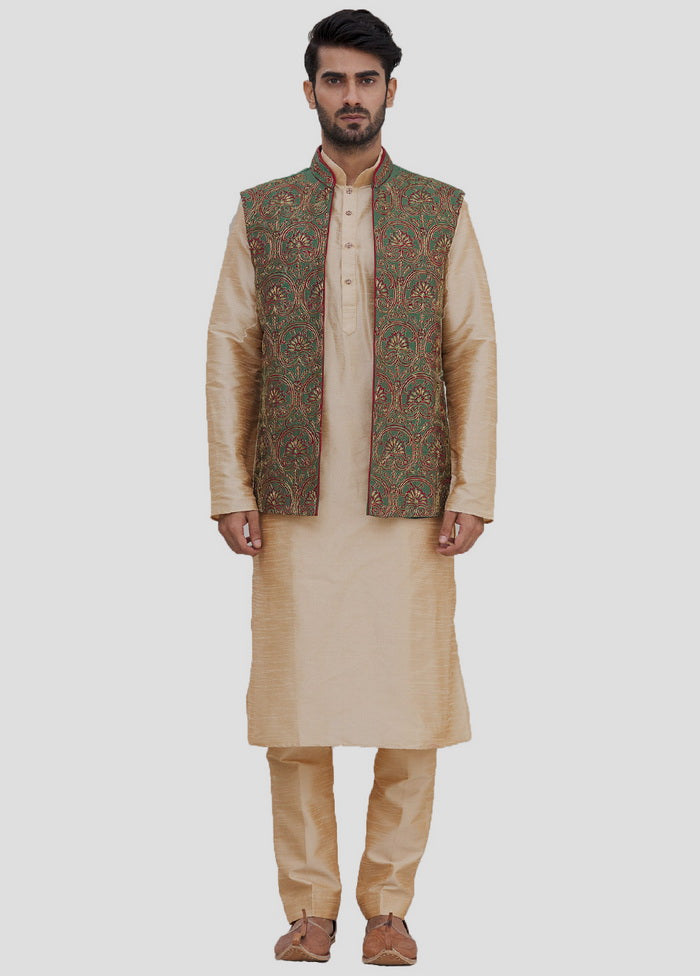 3 Pc Golden Dupion Silk Kurta And Pajama Set VDIP280381 - Indian Silk House Agencies
