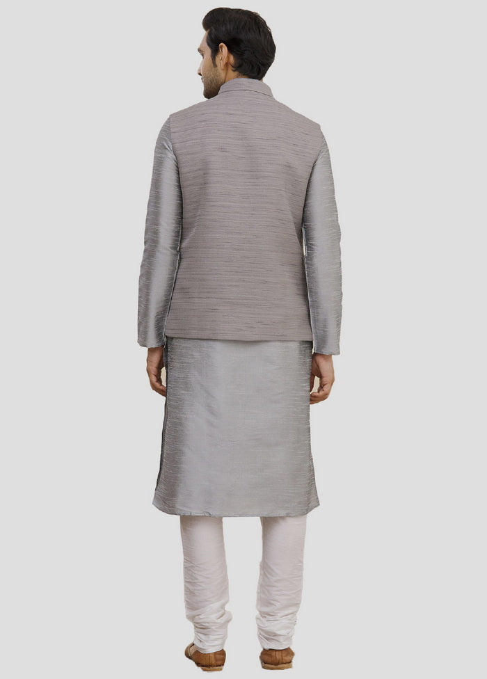 3 Pc Grey Dupion Silk Kurta And Pajama Set VDIP280365 - Indian Silk House Agencies