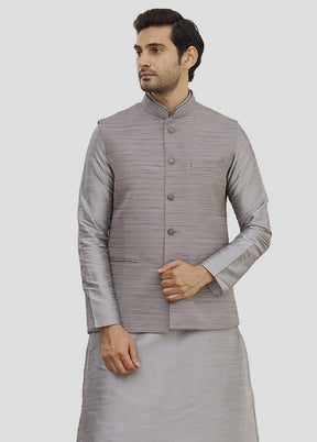 3 Pc Grey Dupion Silk Kurta And Pajama Set VDIP280365 - Indian Silk House Agencies