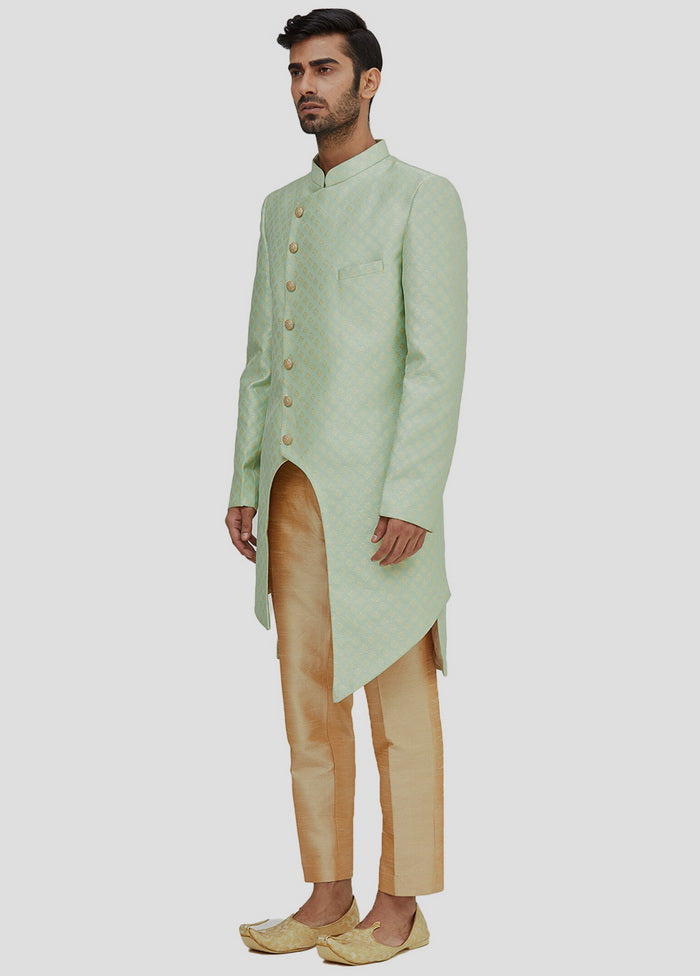 2 Pc Pista Green Dupion Silk Sherwani And Pant Set VDIP280362 - Indian Silk House Agencies