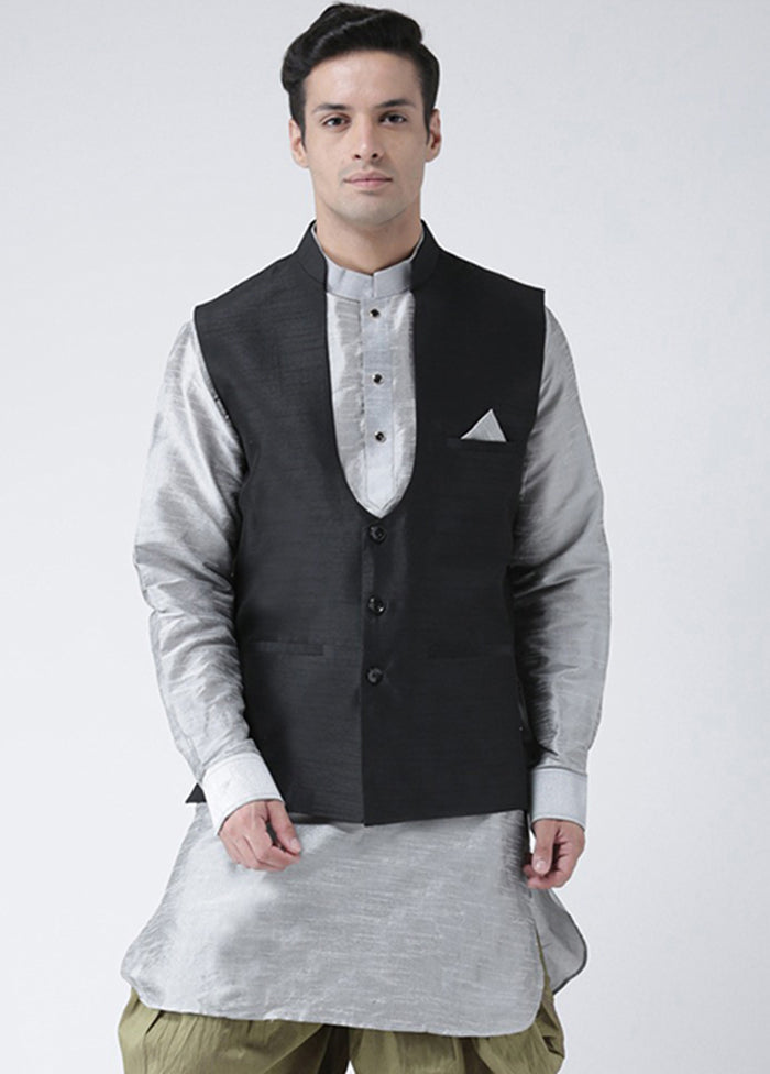 Black Solid Dupion Silk Jacket VDSF100248 - Indian Silk House Agencies