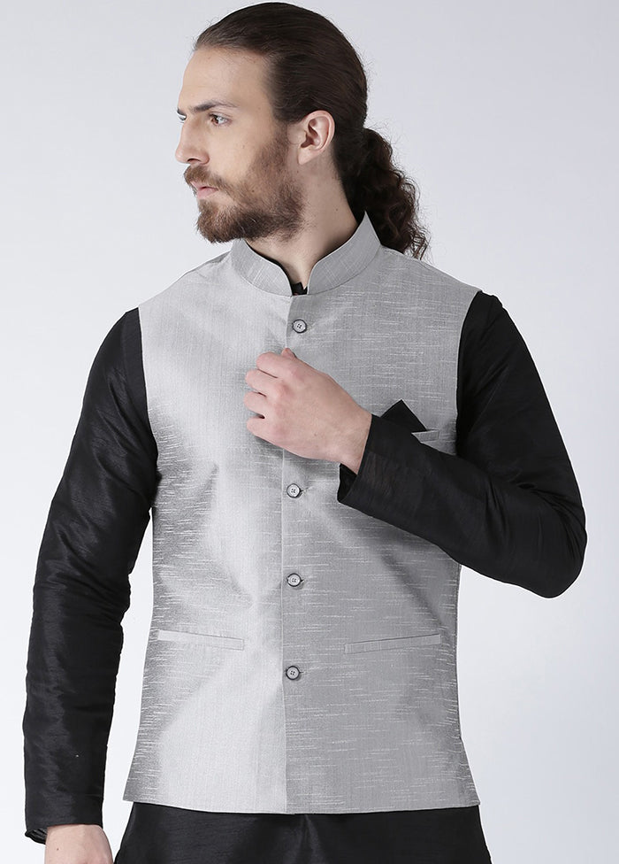 Grey Solid Dupion Silk Jacket VDSF100242 - Indian Silk House Agencies