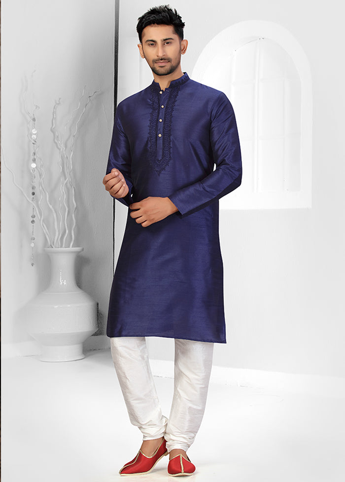 2 Pc Navy Blue Silk Kurta Churidar Set VDSF100440 - Indian Silk House Agencies