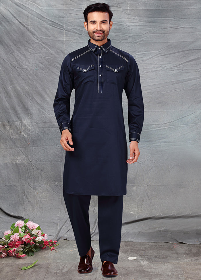 2 Pc Navy Blue Cotton And Polyster Kurta Salwar Set VDSF100388 - Indian Silk House Agencies