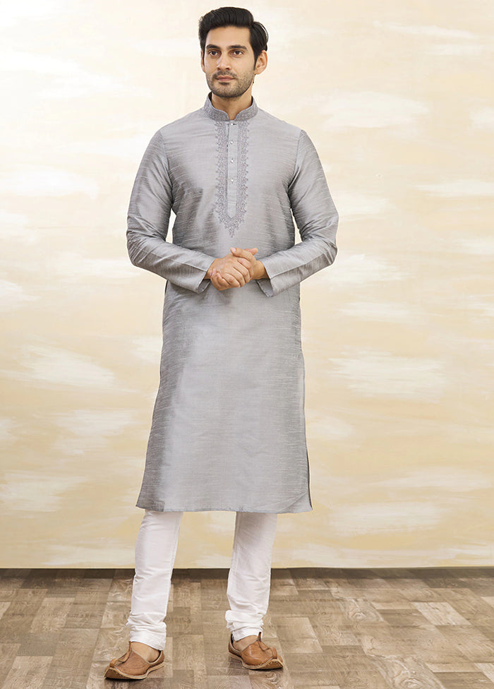 2 Pc Grey Dupion Silk Kurta Churidar Set VDSF100305 - Indian Silk House Agencies