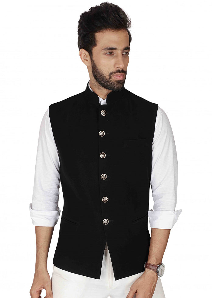 Black Solid Dupion Silk Jacket VDSF100245 - Indian Silk House Agencies