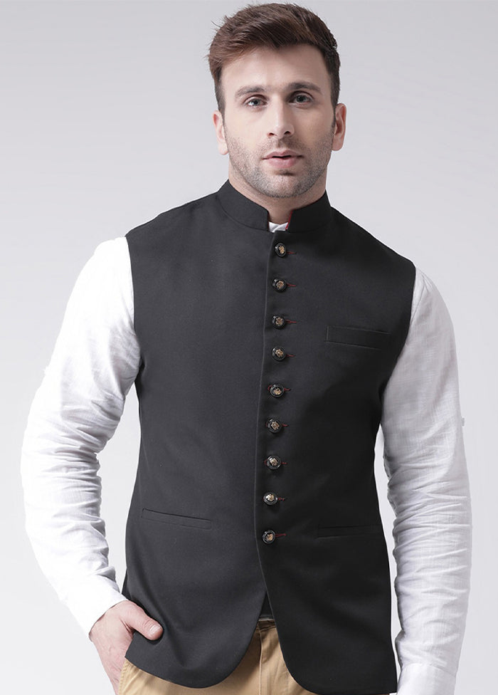 Black Solid Dupion Silk Jacket VDSF100247 - Indian Silk House Agencies