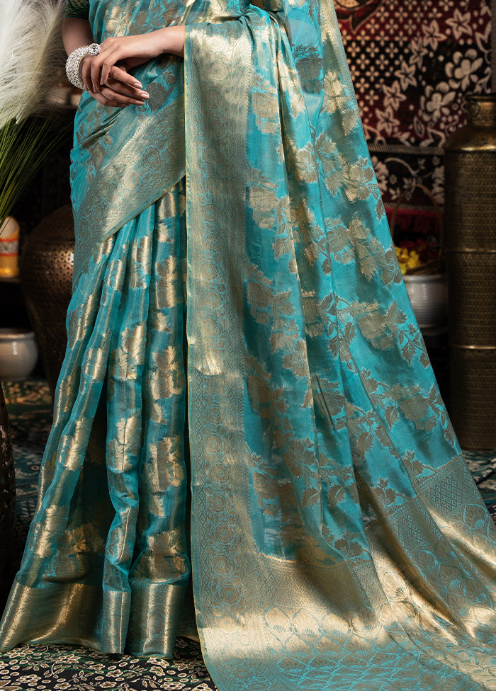 Light Blue Banarasi Silk Saree With Blouse Piece