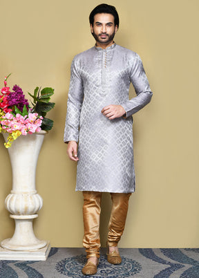 2 Pc Grey Silk Kurta Pajama Set