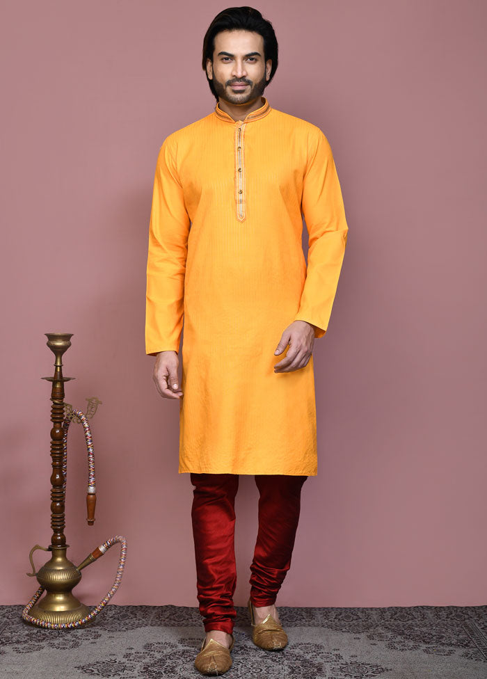 2 Pc Yellow Cotton Kurta Pajama Set