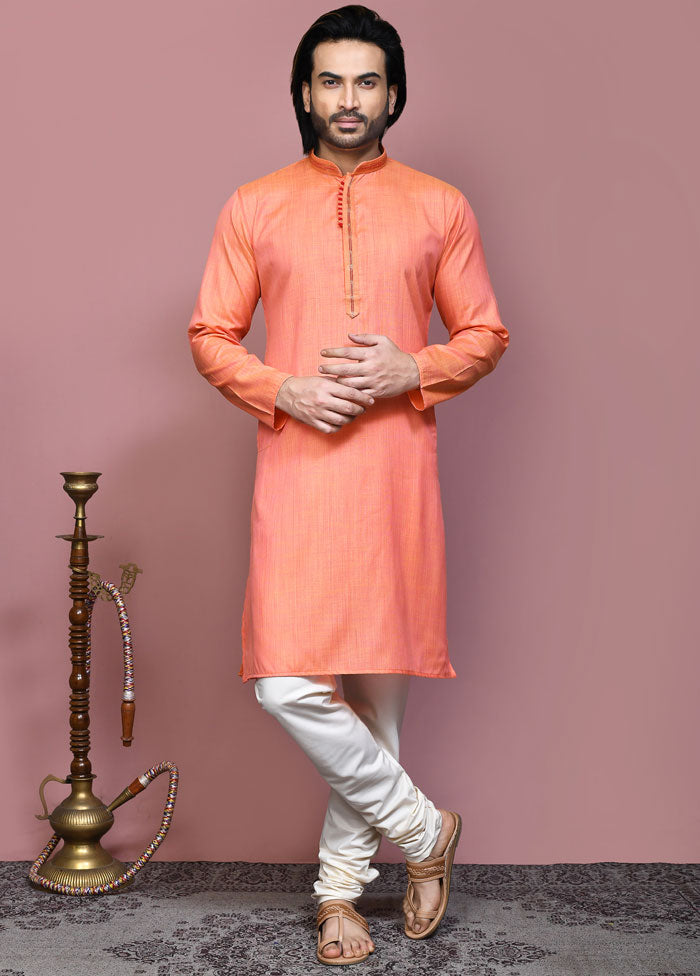 2 Pc Orange Cotton Kurta Pajama Set