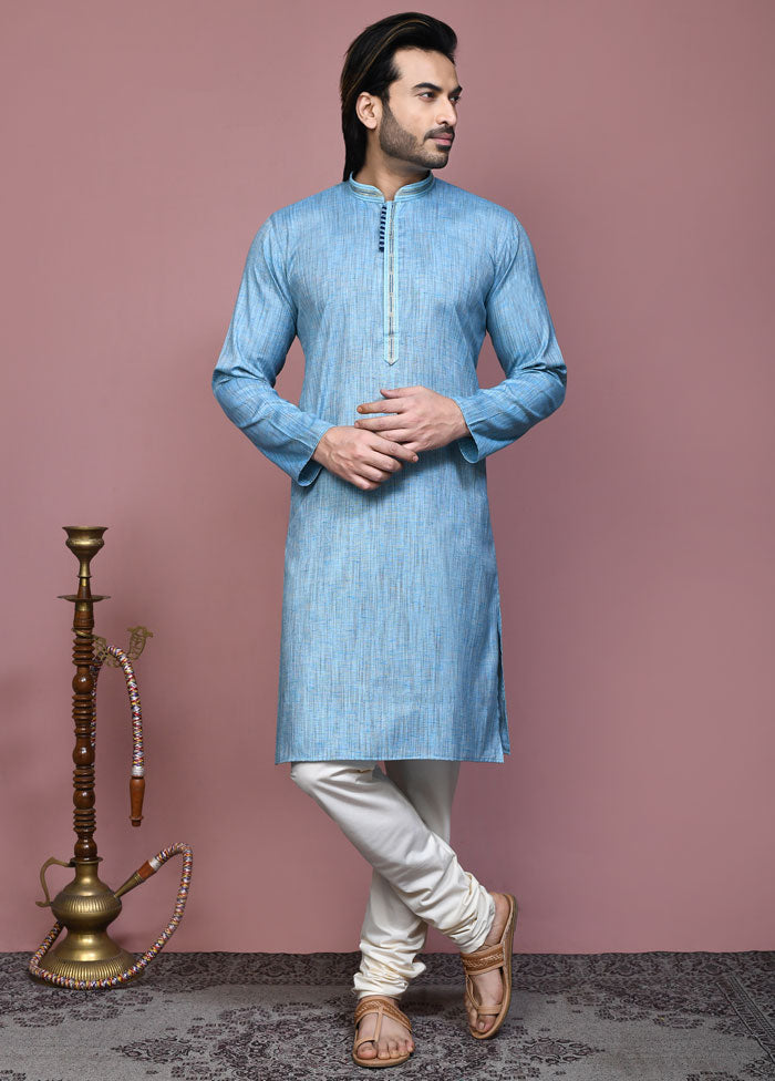 2 Pc Sky Blue Cotton Kurta Pajama Set