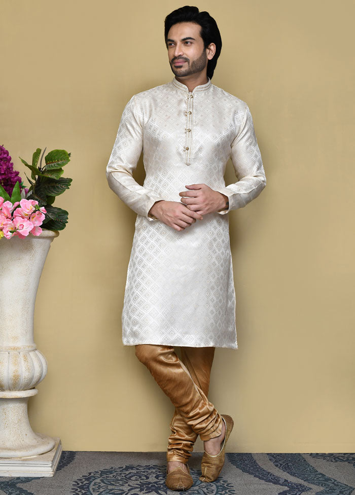 2 Pc Cream Silk Kurta Pajama Set