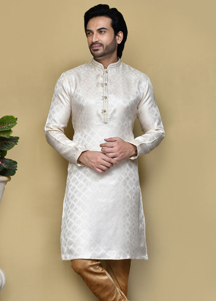 2 Pc Cream Silk Kurta Pajama Set