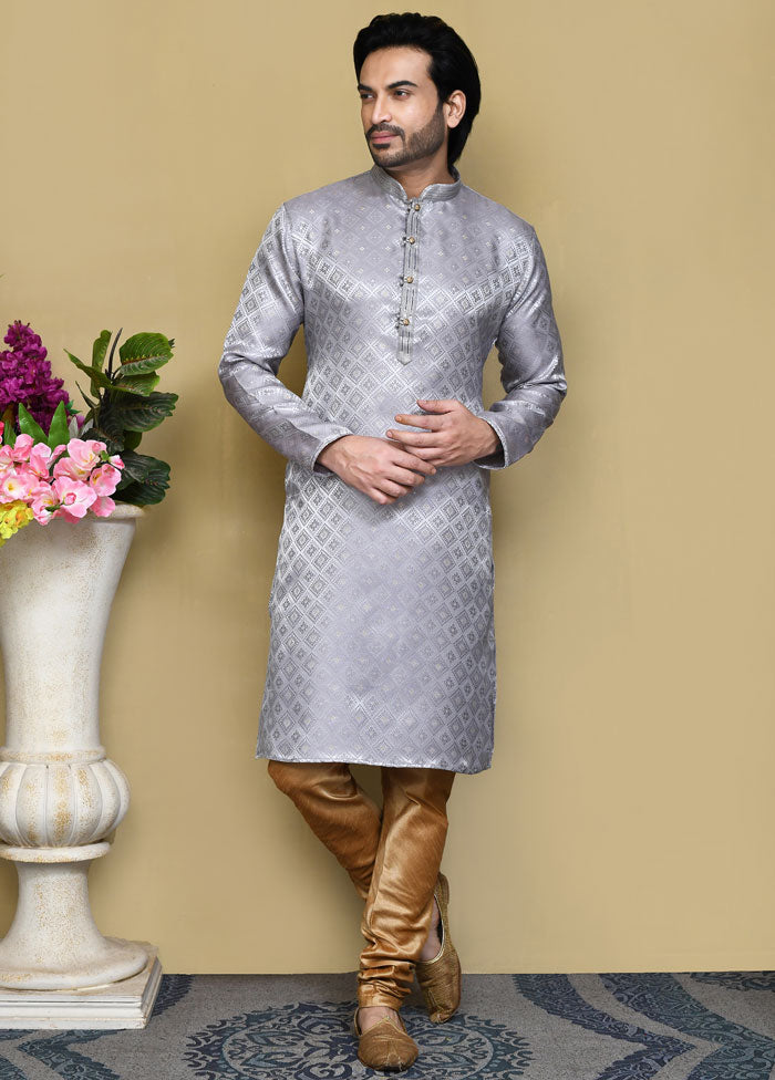 2 Pc Grey Silk Kurta Pajama Set