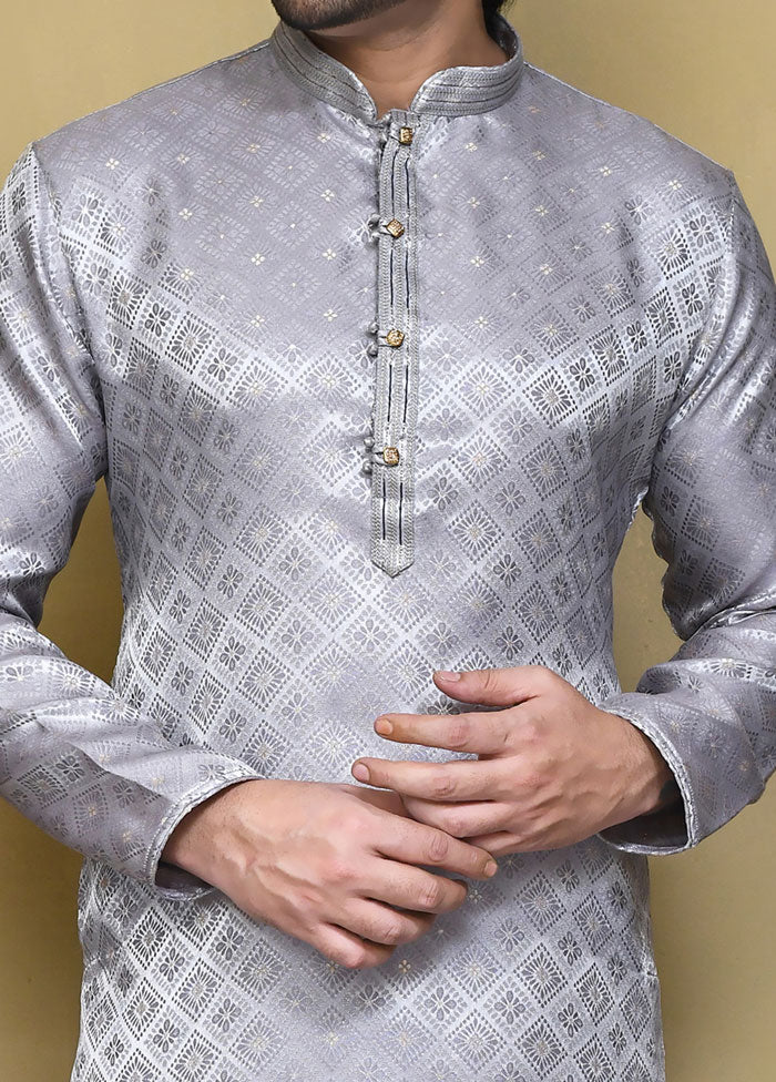 2 Pc Grey Silk Kurta Pajama Set