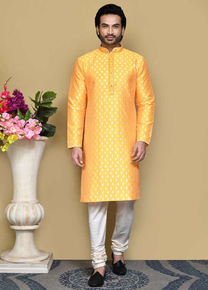 2 Pc Yellow Silk Kurta Pajama Set