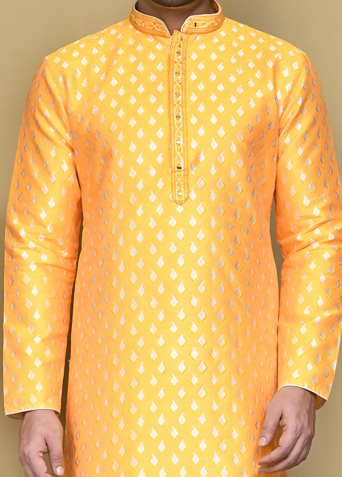 2 Pc Yellow Silk Kurta Pajama Set