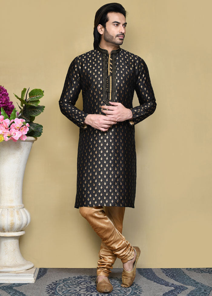 2 Pc Black Silk Kurta Pajama Set