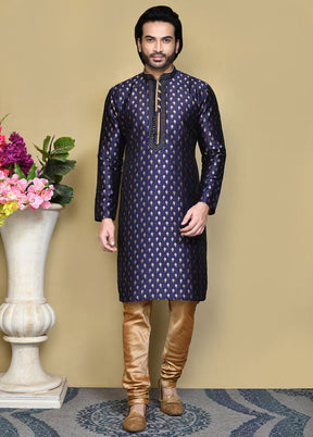 2 Pc Royal Blue Silk Kurta Pajama Set