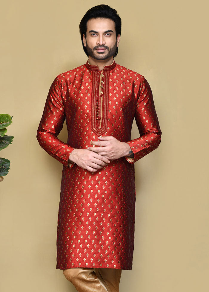 2 Pc Red Silk Kurta Pajama Set