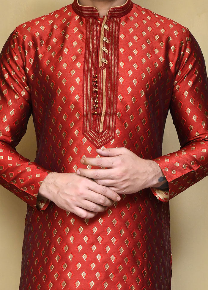 2 Pc Red Silk Kurta Pajama Set