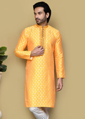 2 Pc Yellow Silk Kurta Pajama Set