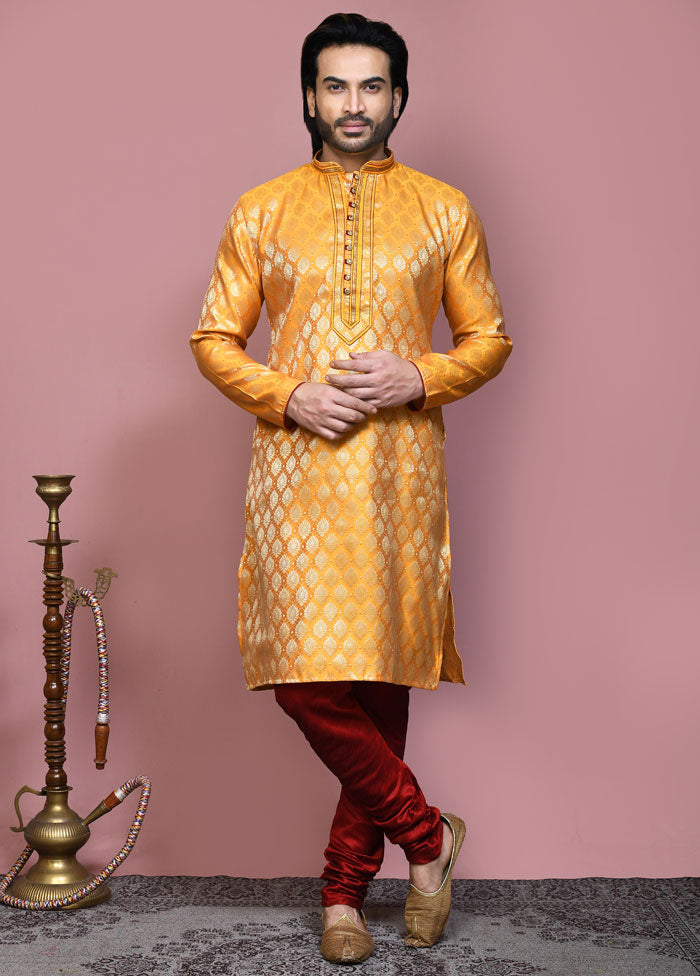 2 Pc Yellow Silk Kurta Pajama Set