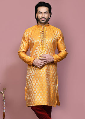 2 Pc Yellow Silk Kurta Pajama Set