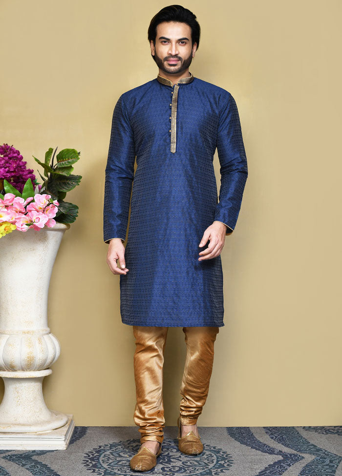 2 Pc Royal Blue Silk Kurta Pajama Set