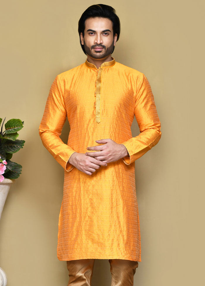 2 Pc Yellow Silk Kurta Pajama Set