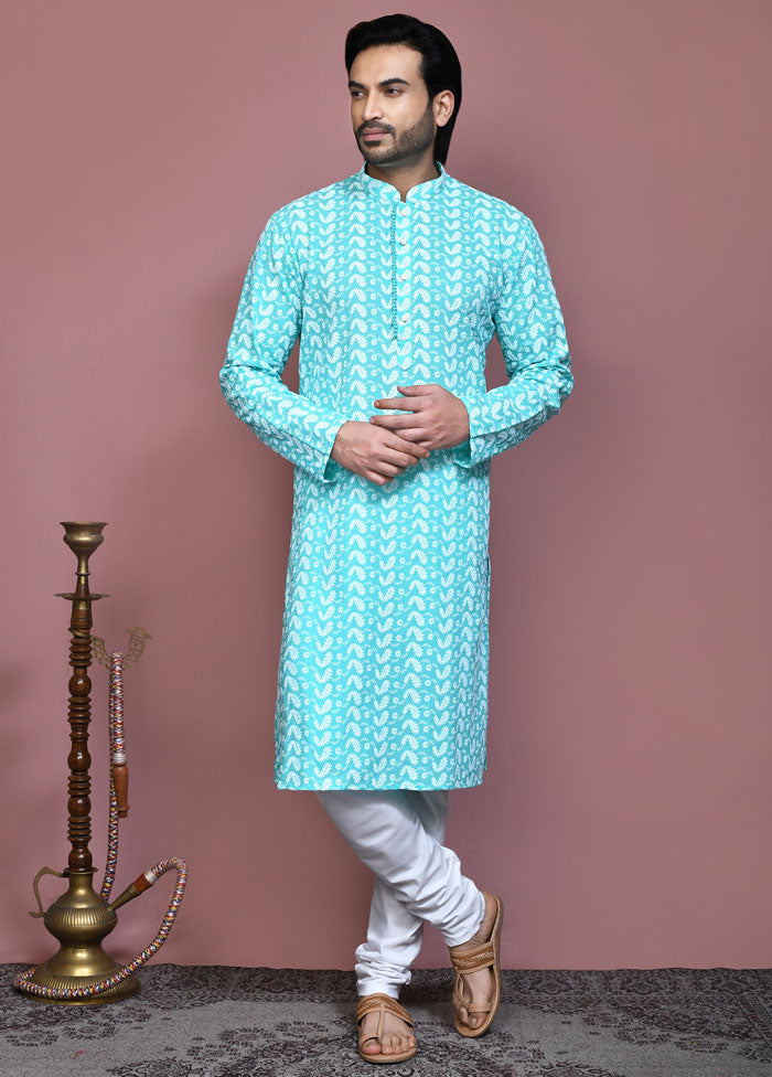 2 Pc Sea Green Cotton Kurta Pajama Set