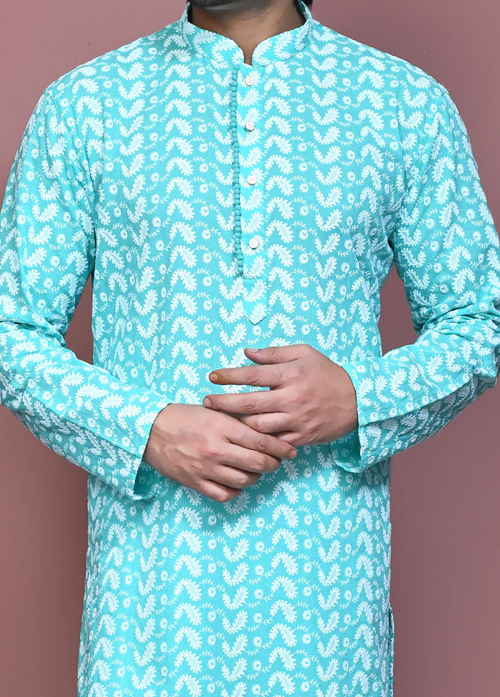 2 Pc Sea Green Cotton Kurta Pajama Set