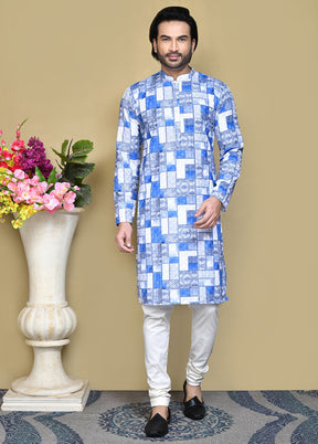 2 Pc Blue Cotton Kurta Pajama Set